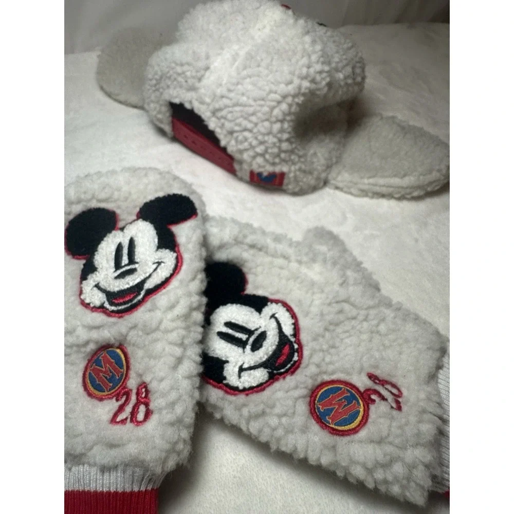 White sherpa fleece Disney Mickey Mouse hat and mittens cold weather set